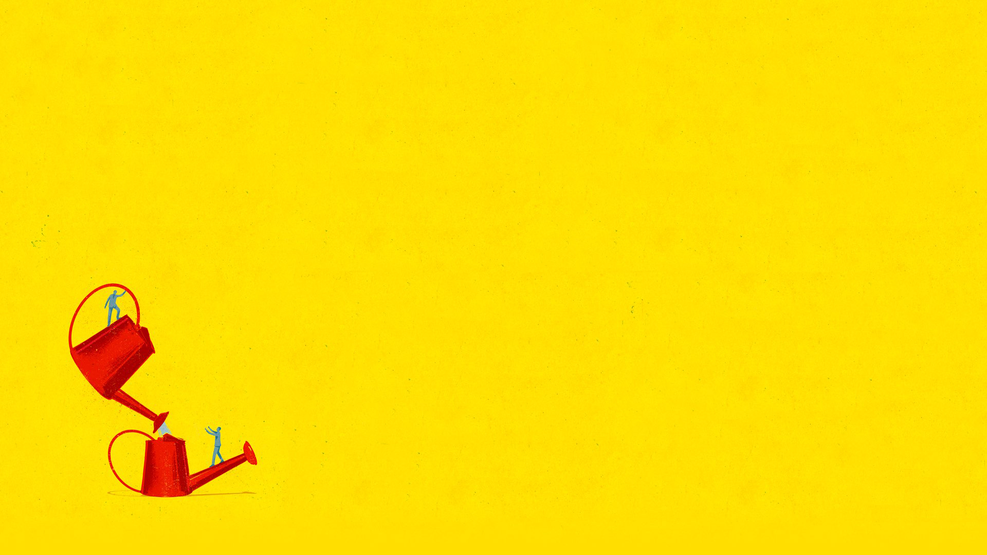 Two red watering cans with small people working together to pour one watering can into the other.