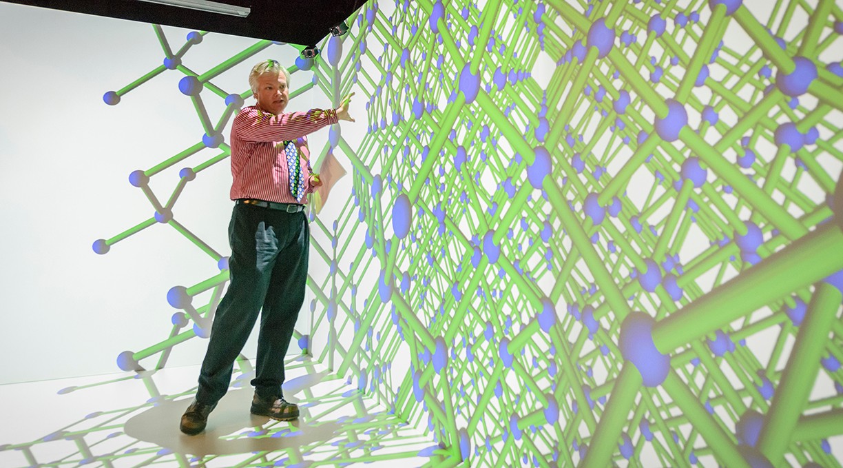 A software engineering professors demonstrates the Villanova CAVE, and immersive virtual reality technology facility A software engineering professors demonstrates the Villanova CAVE, and immersive virtual reality technology facility