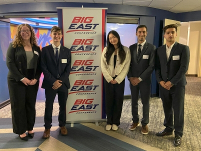 Five students represented Villanova at the 2025 BIG EAST Undergraduate Research Symposium. From left to right: Grace Hansen, Will Stozenski,  Janice Park, Datamis Ghorbanian and Swopnil Panday.