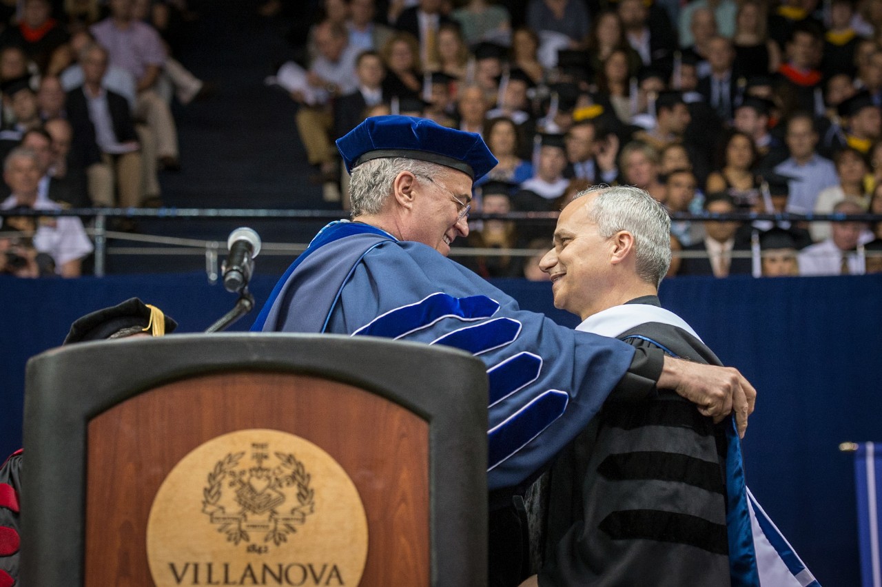 Villanova University President the Rev. Peter M. Donohue embraces Robert Prevost—now Pope Leo XIV—after awarding him an honorary Doctor of Humanities, honoris causa, in 2014. Villanova University President the Rev. Peter M. Donohue embraces Robert Prevost—now Pope Leo XIV—after awarding him an honorary Doctor of Humanities, honoris causa, in 2014.