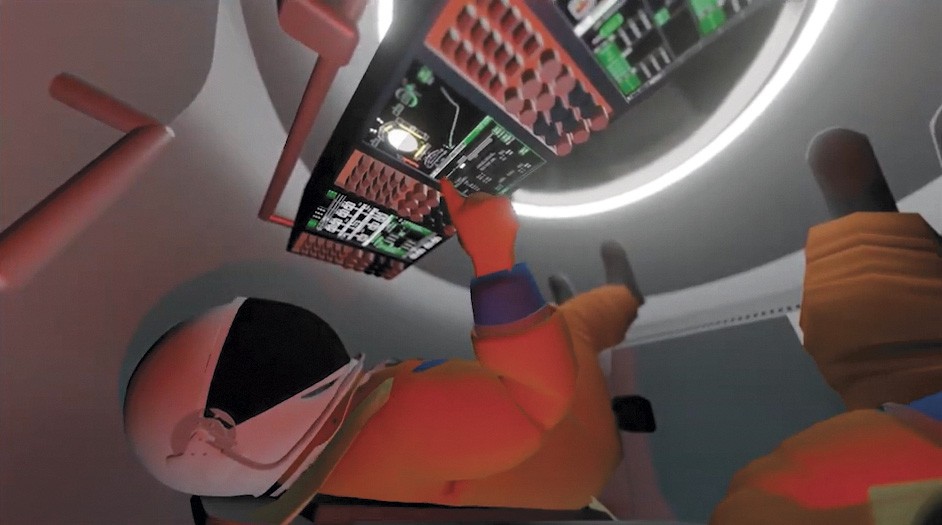 astronaut using touchscreen controls inside a spacecraft