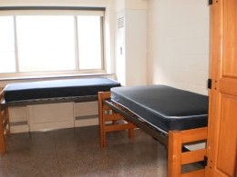 View of two beds in a Sheehan Hall double room.