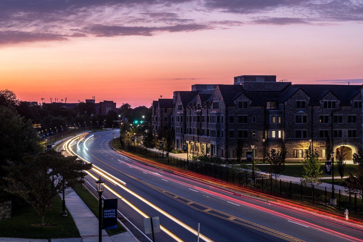 nighttime skyline photo of Lancaster Road with the Villanova Commons in the background
