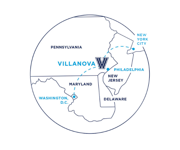 Regional map of the Northeast Corridor with Villanova marked in Pennsylvania.
