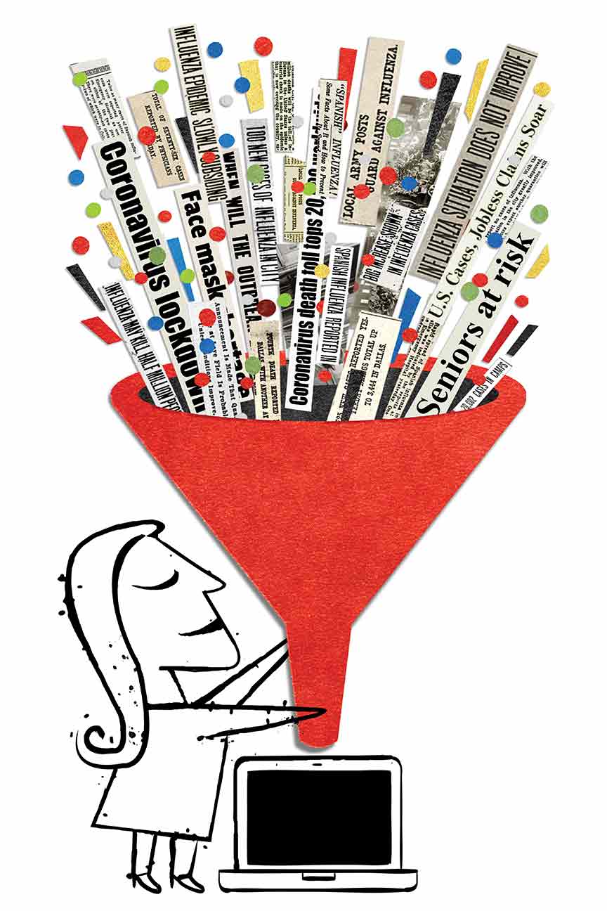 Illustration of a woman standing over a laptop, holding a giant red funnel filled with news headlines