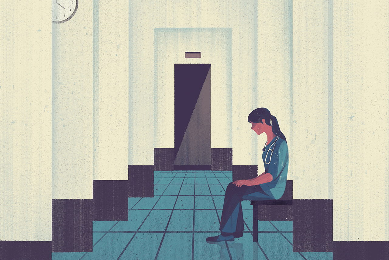 Illustration of a female nurse sitting alone outside of the ICU