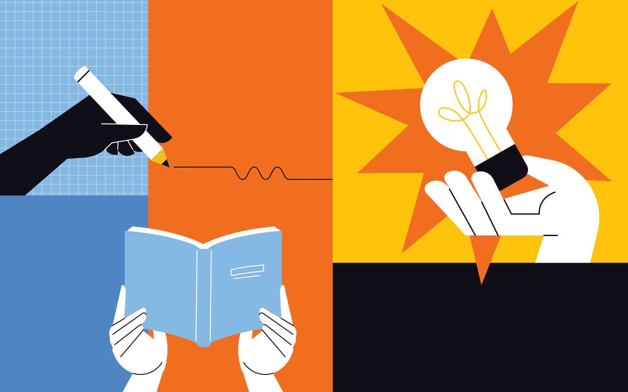 Illustration showing a hand writing with a pencil, two hands holding up an open book, and a hand raising a glowing lightbulb.
